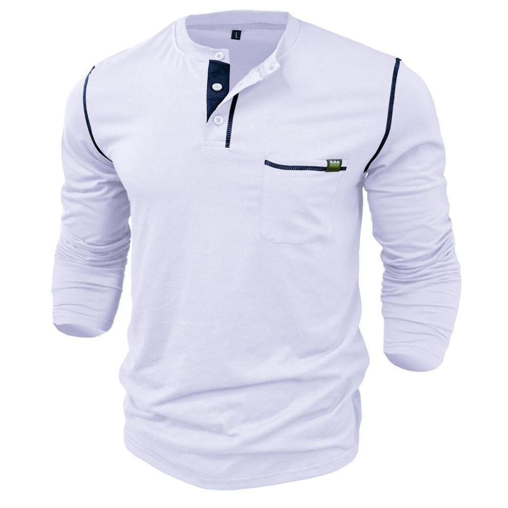 (white, S) Men's Long Sleeves Henley Shirts Cotton Pullovers Color Matching Knitted T-shirt Buttons Round Neck Breast-pocket Tops Stylish Daily Casual Menswear