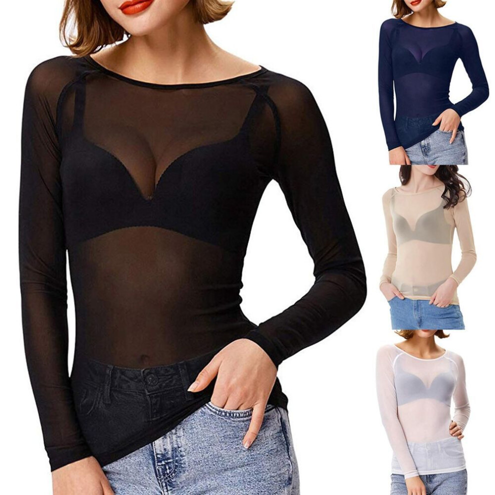 (black, XXL) Women See-Through Long Sleeve Seamless Arm Shaper Top Mesh Shirt Blouse
