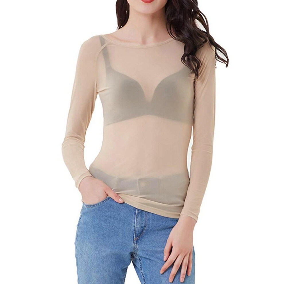 (khaki, M) Women See-through Long Sleeve Seamless Arm Shaper Top Mesh Shirt Blouse