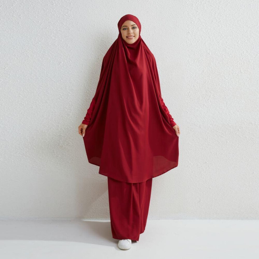 (wine red, One Size) Muslim Sets Two Pieces Prayer Clothing Long Hooded Smocking Sleeve Shirts Hijab Loose Maxi Skirts Elastic Waist Women Abaya Sets