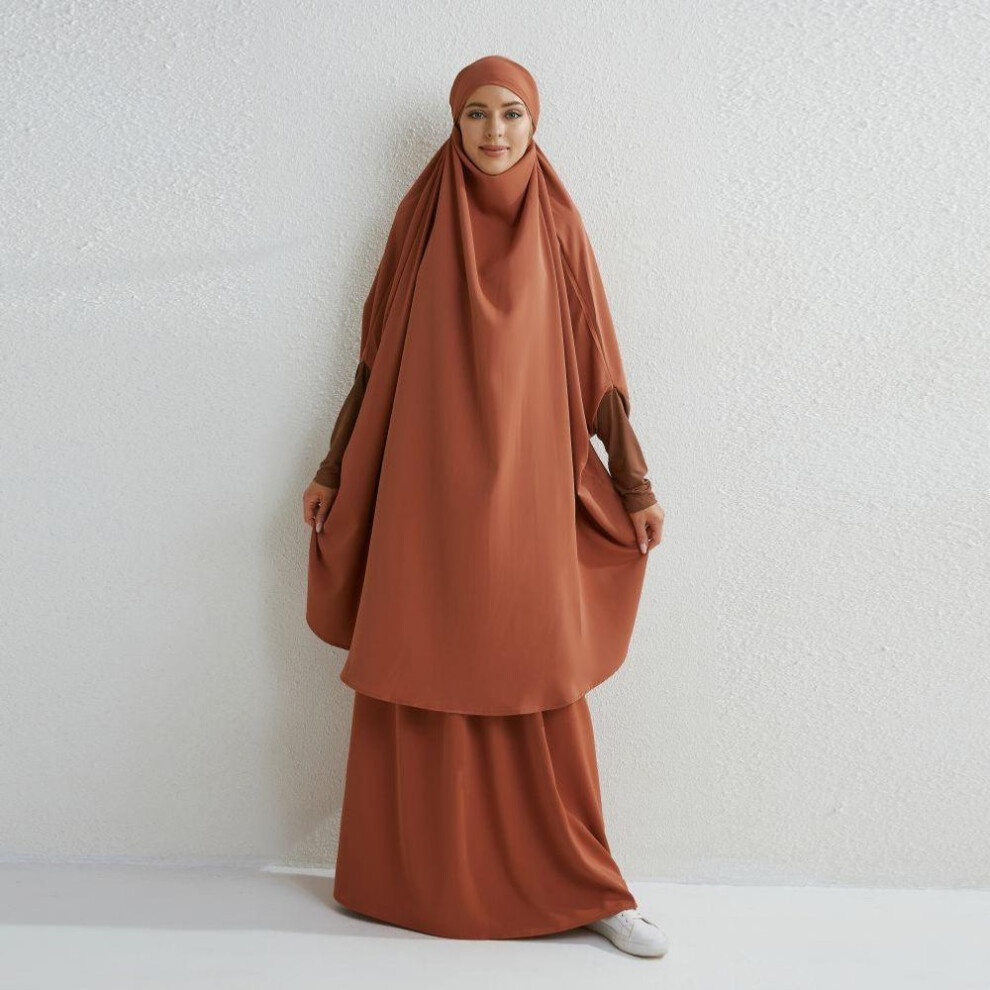 (camel, One Size) Muslim Sets Two Pieces Prayer Clothing Long Hooded Smocking Sleeve Shirts Hijab Loose Maxi Skirts Elastic Waist Women Abaya Sets