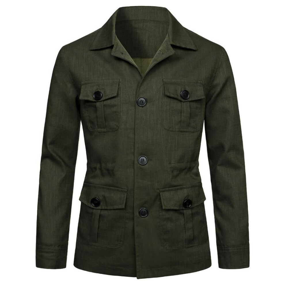 (army green, L) Mens Coats Safari Jacket Linen British Retro Gentry Suit Pockets Outerwear Fashion Solid Color Male Tops