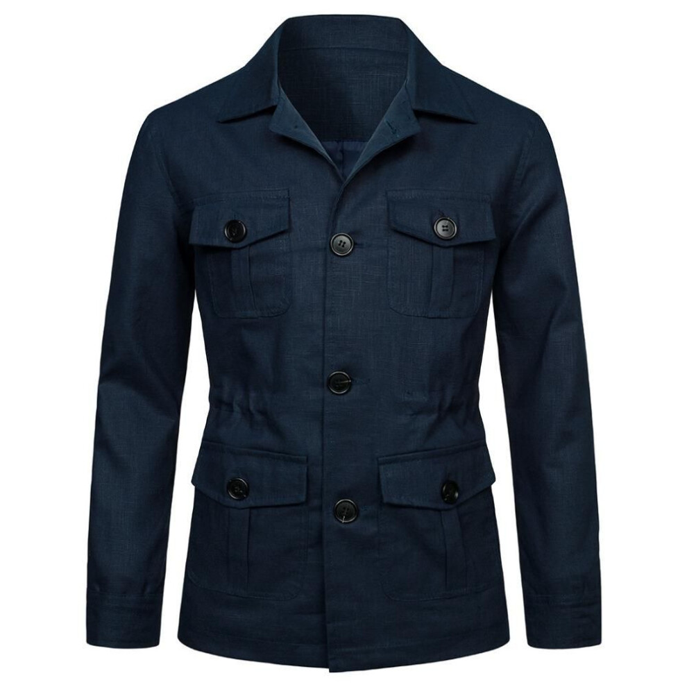 (navy blue, 5XL) Mens Coats Safari Jacket Linen British Retro Gentry Suit Pockets Outerwear Fashion Solid Color Male Tops