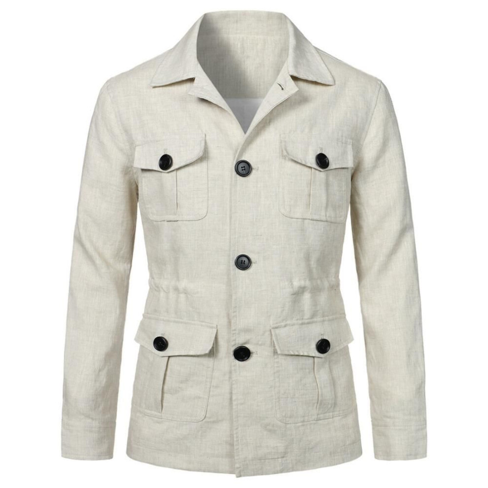 (white, 5XL) Mens Coats Safari Jacket Linen British Retro Gentry Suit Pockets Outerwear Fashion Solid Color Male Tops