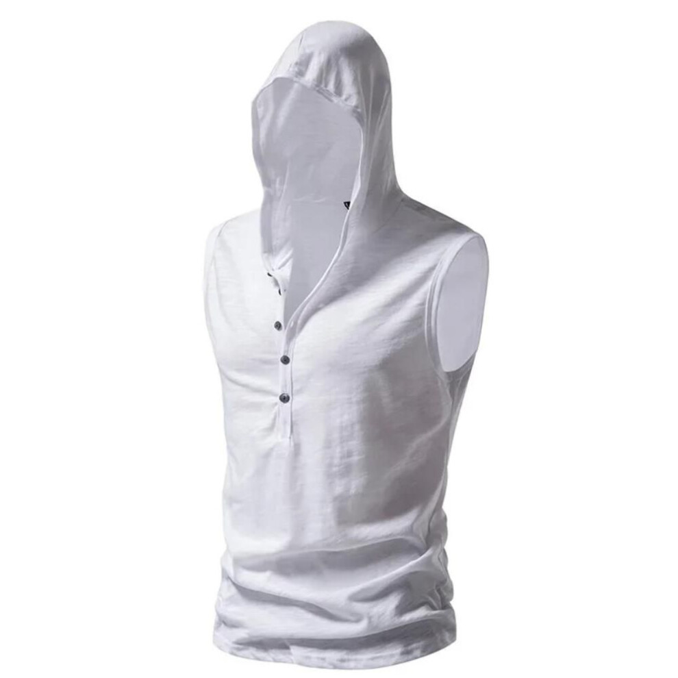 (white, US XL) Cotton 100% Male Sleeveless Design Tank Tops Tees T-shirt Soft Vest Fashion Button Hooded Top Solid Color Sportswear