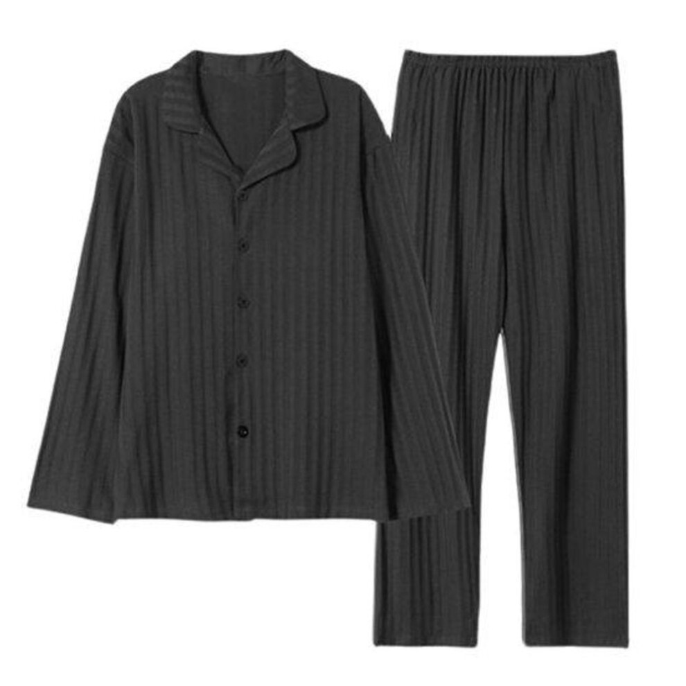 (black, 3XL) 2 Pcs/Set Men Fall Winter Pajamas Set Striped Plaid Print Color Matching Lapel Single-breasted Long Sleeve Wide Leg Men Homewear Clothes Shirt