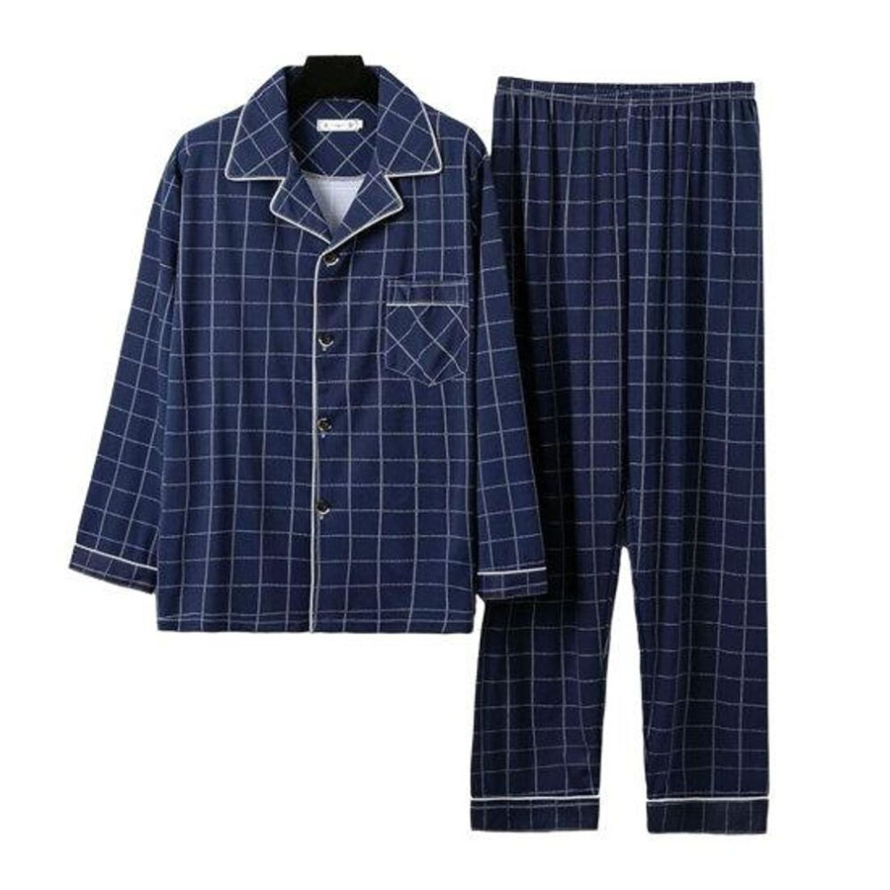 (navy blue, 3XL) 2 Pcs/set Men Fall Winter Pajamas Set Striped Plaid Print Color Matching Lapel Single-breasted Long Sleeve Wide Leg Men Homewear Clothes Shirt