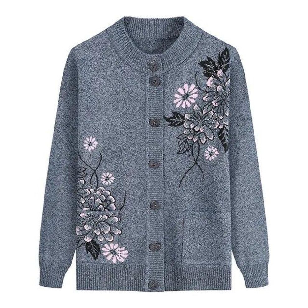 (gray, XXXL) Print Middle-Aged Elderly Mother&apos;s Spring Autumn Long-Sleeve Sweater Women Knitted Bottoming Shirt Grandma Cardigan Mujer