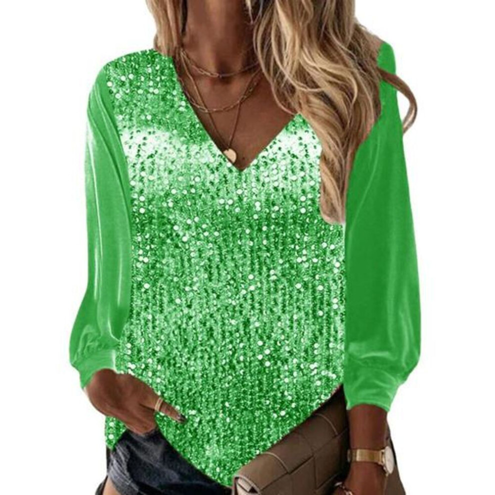 (green, 2XL) Fall Spring Women Top Shiny Sequin V Neck Long Sleeve Patchwork Loose Pullover Soft Breathable Mid Length Lady Commute Shirt Blouse