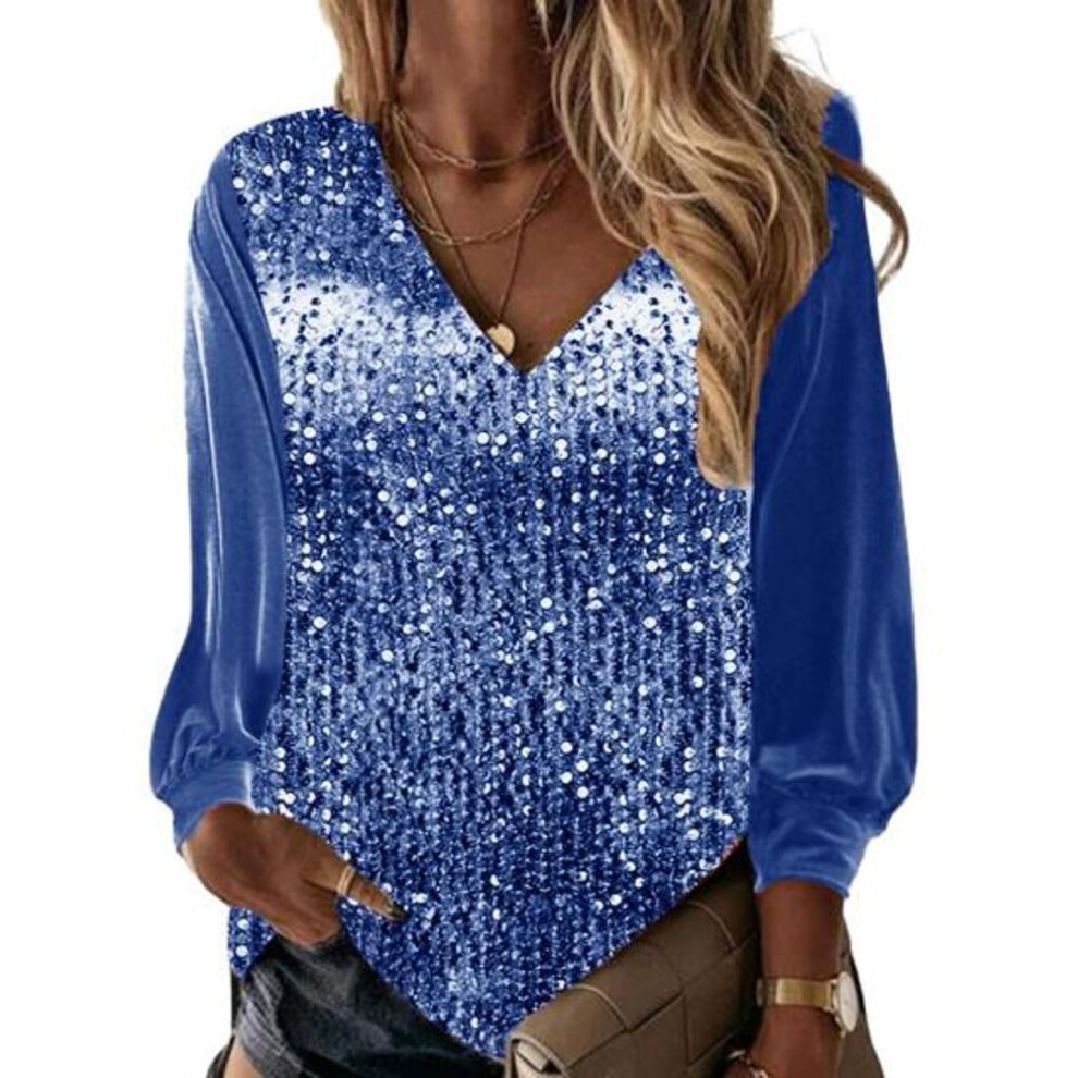 (royal blue, M) Fall Spring Women Top Shiny Sequin V Neck Long Sleeve Patchwork Loose Pullover Soft Breathable Mid Length Lady Commute Shirt Blouse