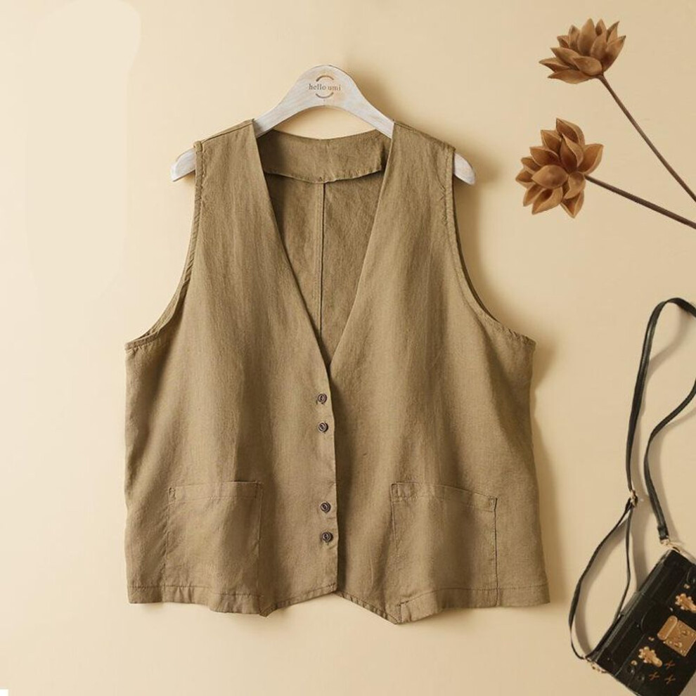 (khaki, M) Summer Short Sleeveless Vest Women&apos;s Vest with Casual Loose Women&apos;s Vest Jacket