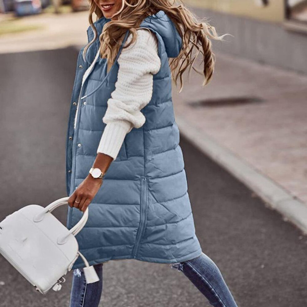 (blue, L) Winter Light Weight Sweaters Long With Hood Outdoor Vest Down Women&apos;s Jacket Quilted Coat Solid Color Hooded Sleeveless Jacket