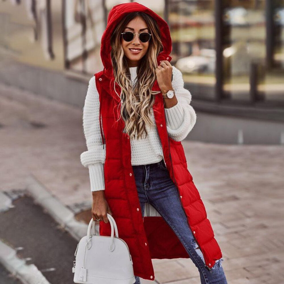 (red, XS) Winter Light Weight Sweaters Long With Hood Outdoor Vest Down Women&apos;s Jacket Quilted Coat Solid Color Hooded Sleeveless Jacket