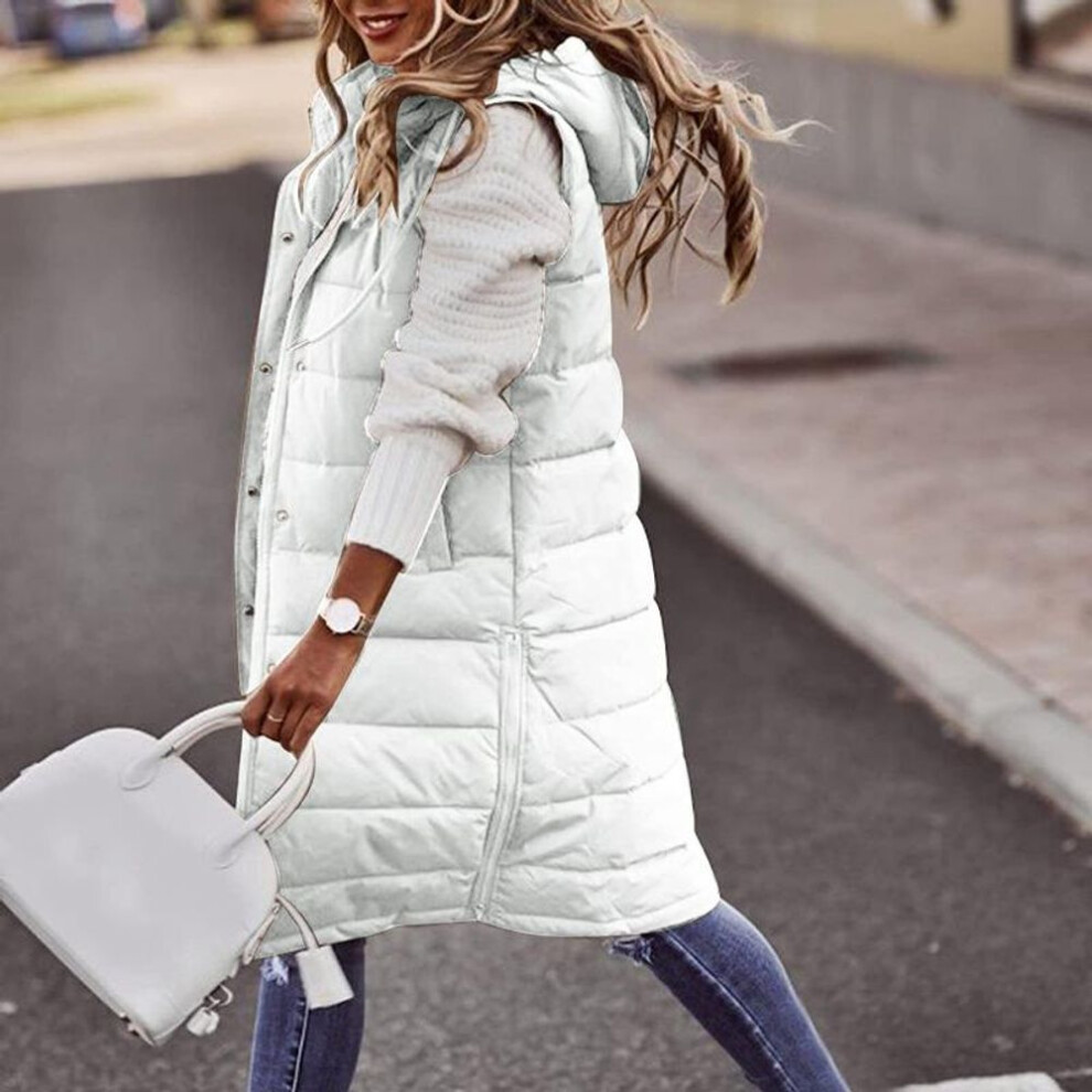 (white, S) Winter Light Weight Sweaters Long With Hood Outdoor Vest Down Women&apos;s Jacket Quilted Coat Solid Color Hooded Sleeveless Jacket