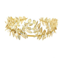 (As show, One size) Three-dimensional Leaves High-end Pearl Wedding Headband Rhinestone Tiara Headpieces Women Wedding Hair Accessories(Gold)