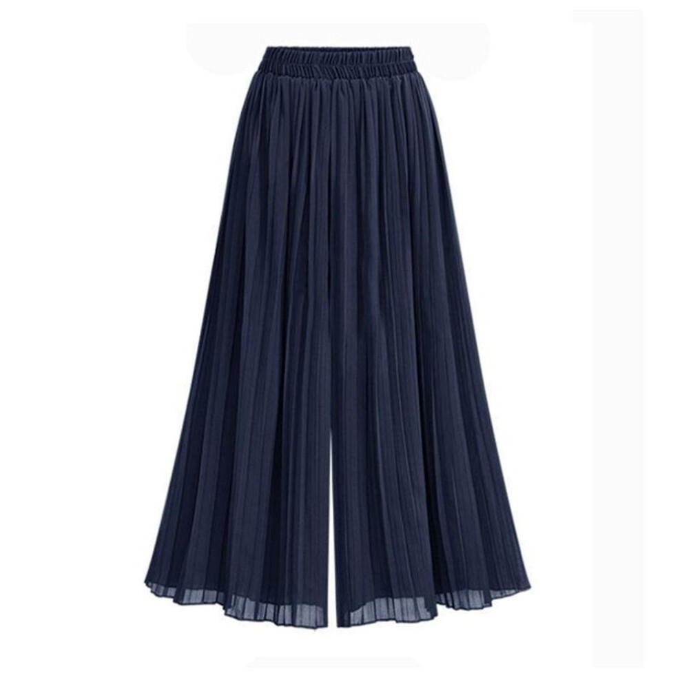 (navy blue, XXL) Chiffon Women Wide Pants Pleated Beach Culottes Loose Cropped Pants High Waist Thin Wide-leg Trousers
