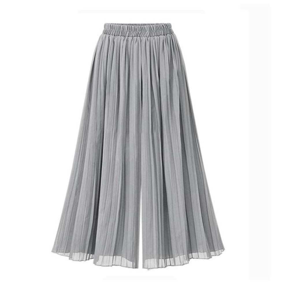(grey, XL) Chiffon Women Wide Pants Pleated Beach Culottes Loose Cropped Pants High Waist Thin Wide-leg Trousers