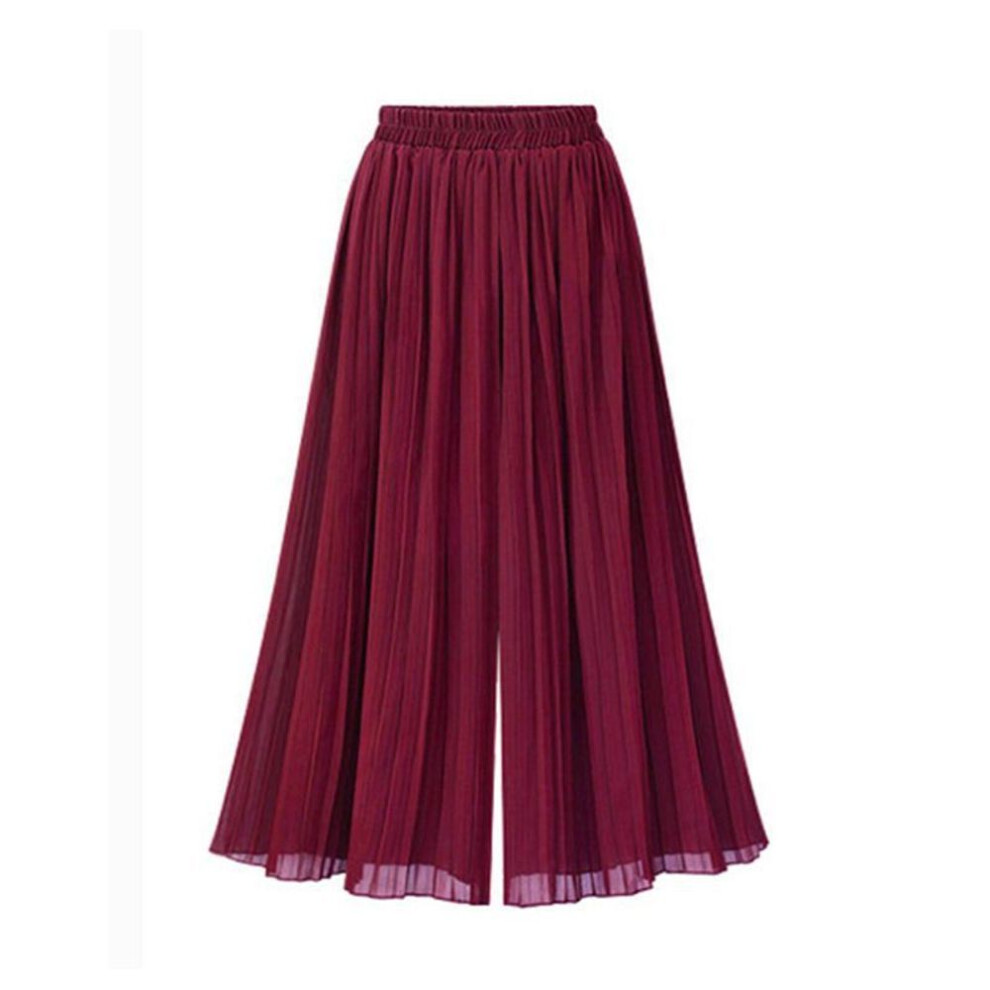 (wine red, L) Chiffon Women Wide Pants Pleated Beach Culottes Loose Cropped Pants High Waist Thin Wide-leg Trousers
