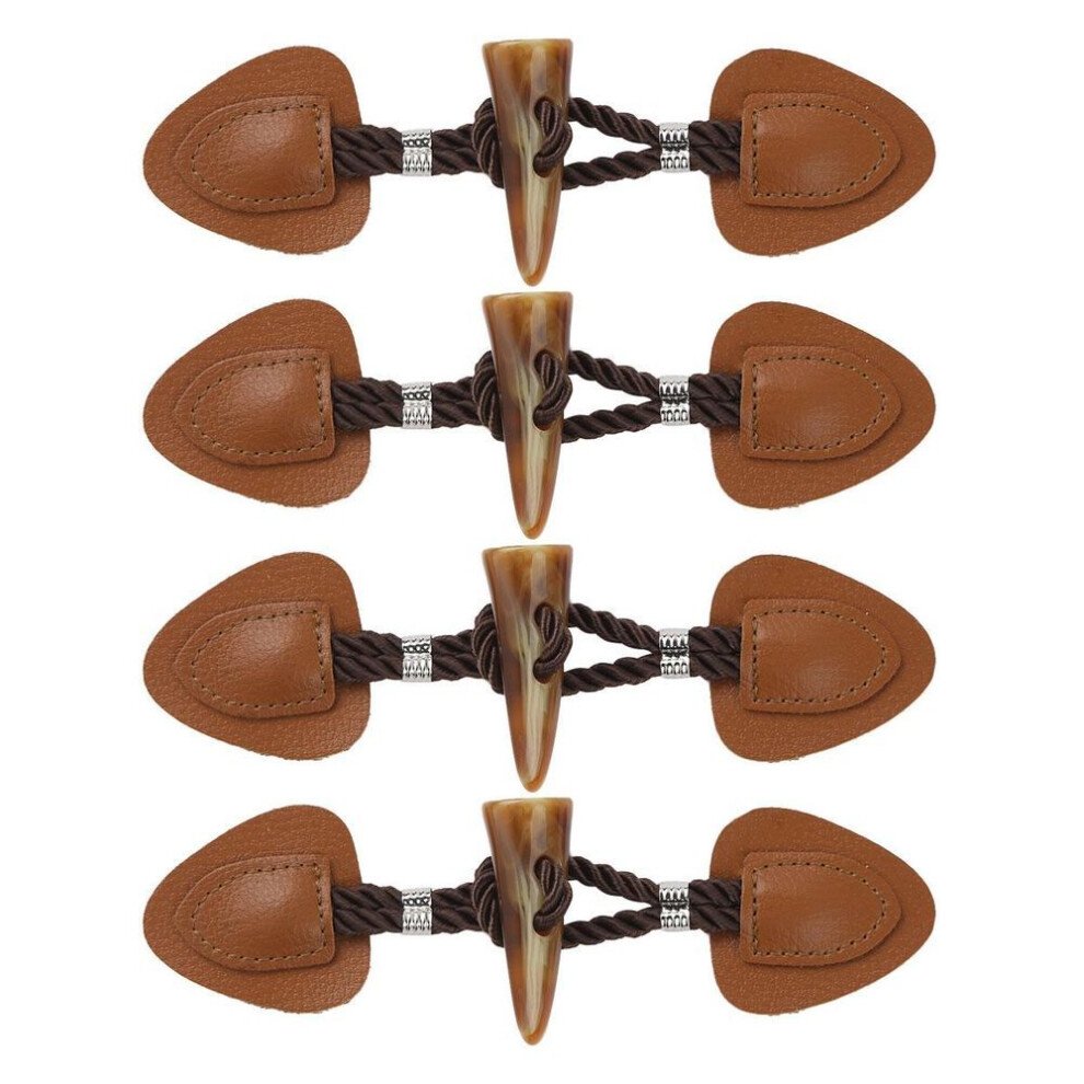 (brown) 4Pairs PU Leather Toggle ButtonsVintage Resin Horn Toggle Buttons Coat Jacket Cardigan Fasteners Clasp DIY Clothing Decoration
