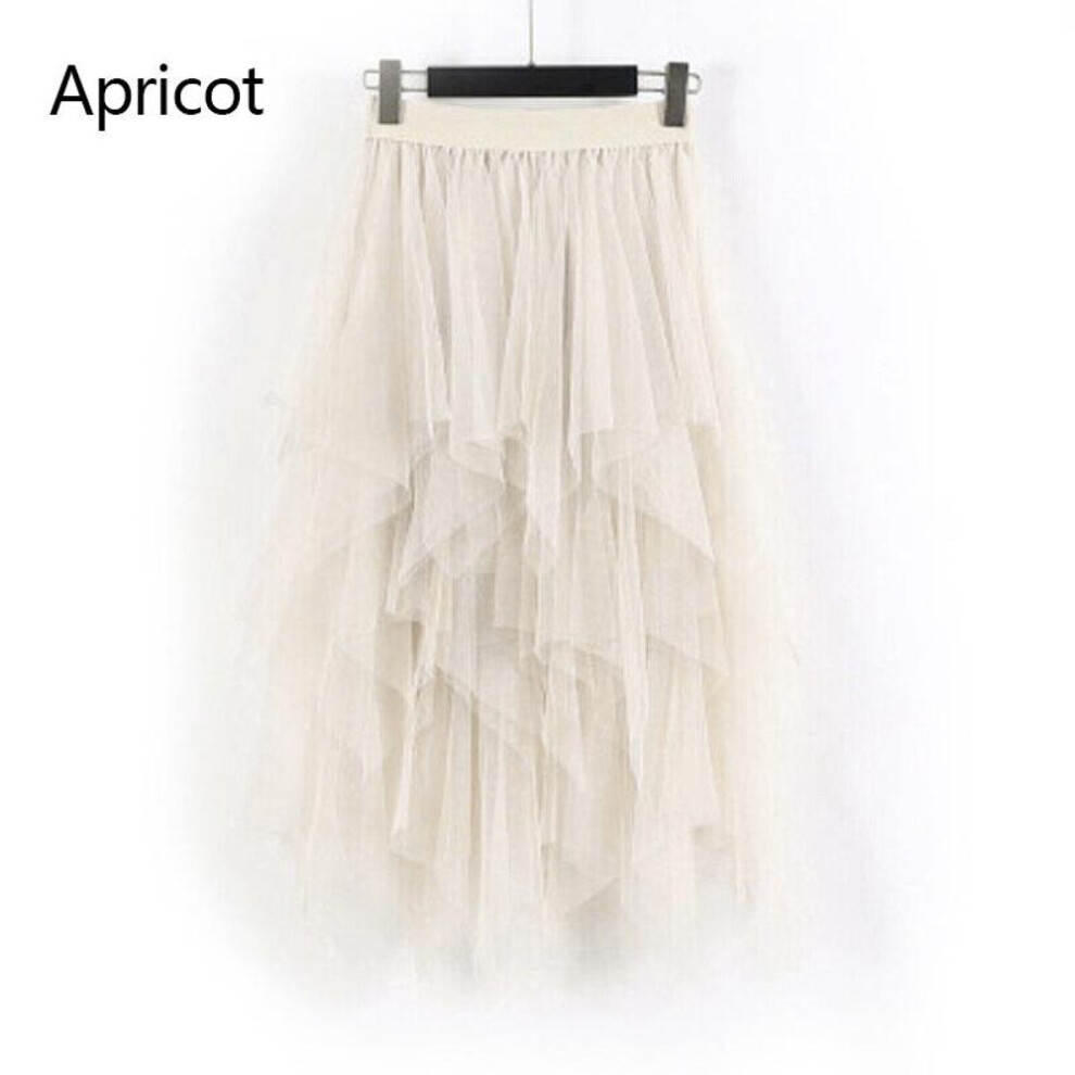 (beige) Top Quality Women Ruffles Fashion Asymmetrical High Long Waist Mesh Tutu Tulle Midi Skirt White Pink Women