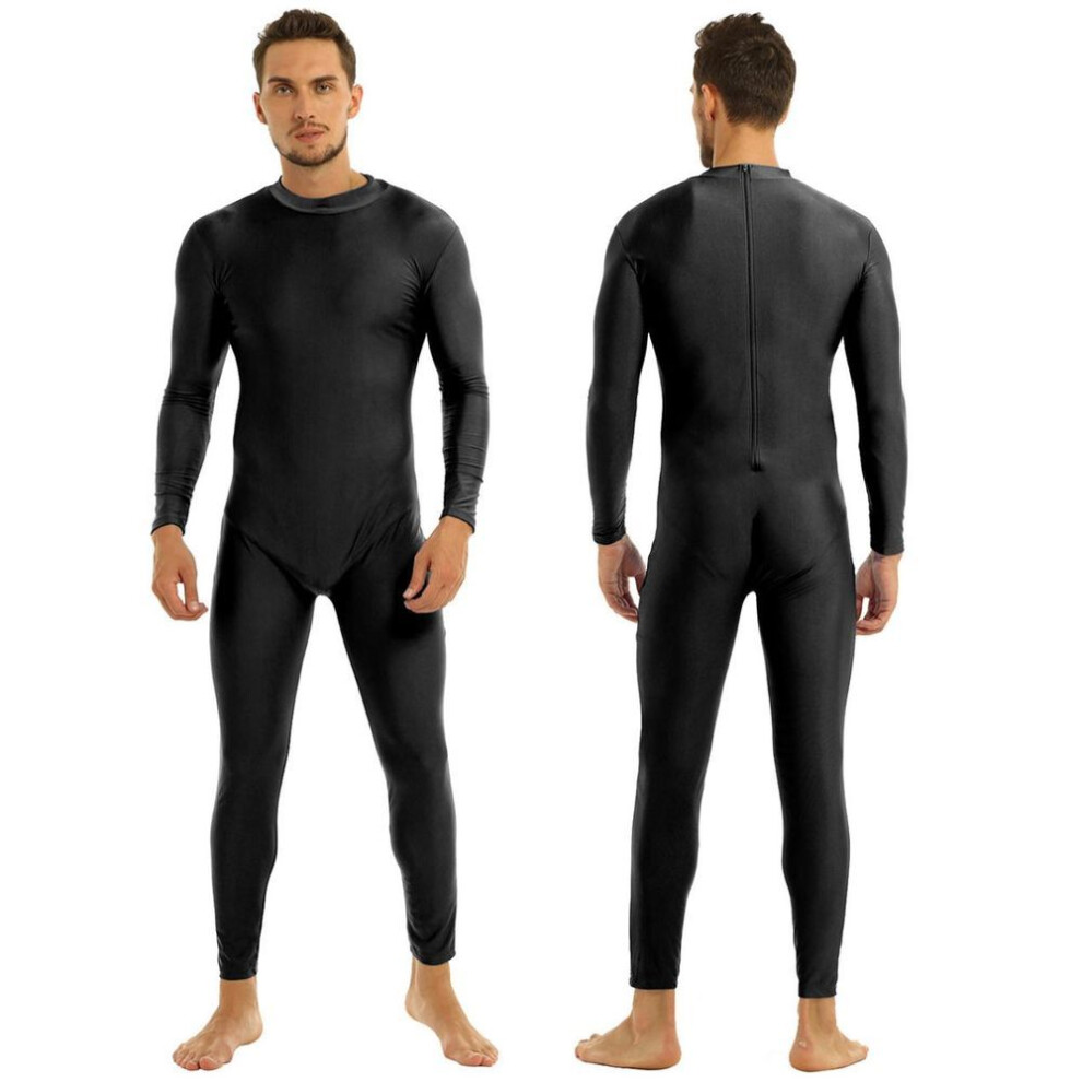 (black, Large) Mens One Piece Bodysuit Turtleneck Spandex Long Sleeve Unitard Leotard Dancewear