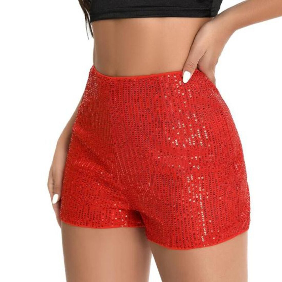 (red, L) Women Shorts High Elastic Waist Shiny Sequin Solid Color Straight Slim Fit Soft Above Knee