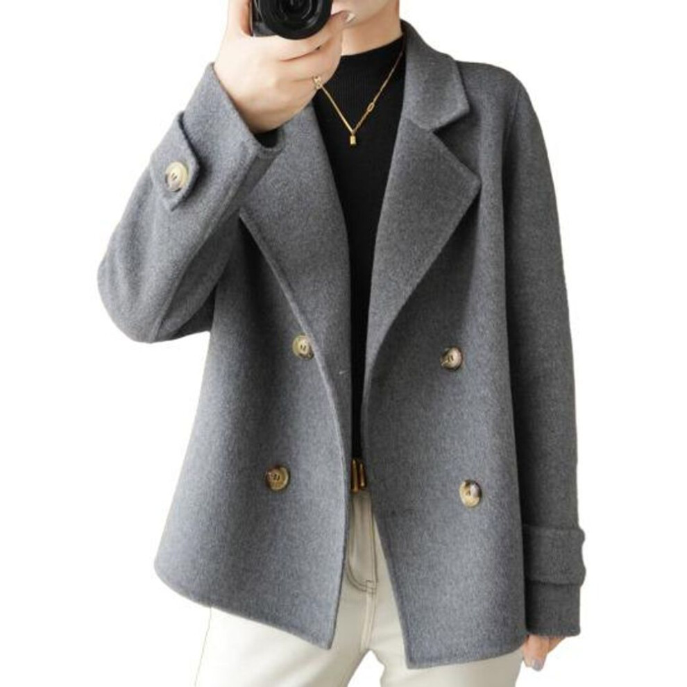 (grey, XL) Women Fall Winter Coat Thick Loose Solid Color Double-breasted Buttons Lapel Notch Collar Long Sleeve Cold Resistant Lady Trench Coat