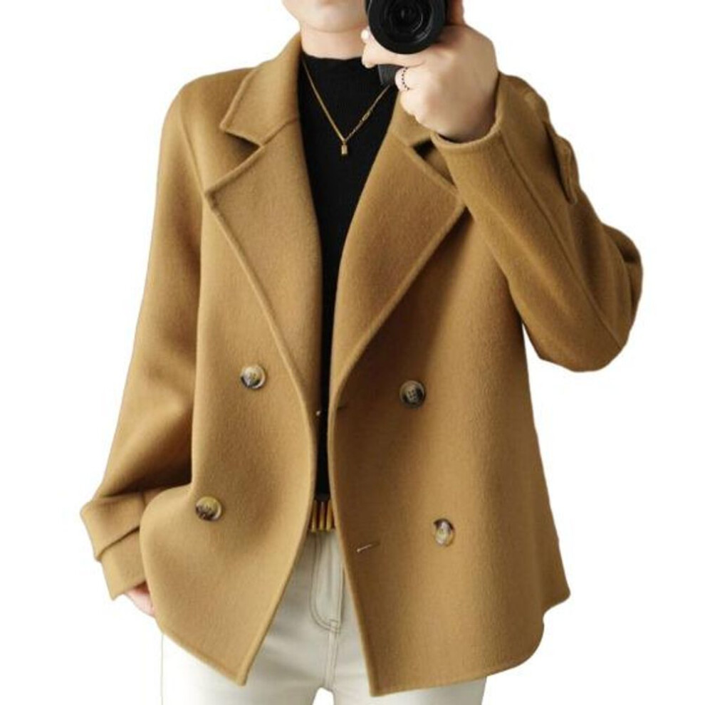 (camel, L) Women Fall Winter Coat Thick Loose Solid Color Double-breasted Buttons Lapel Notch Collar Long Sleeve Cold Resistant Lady Trench Coat