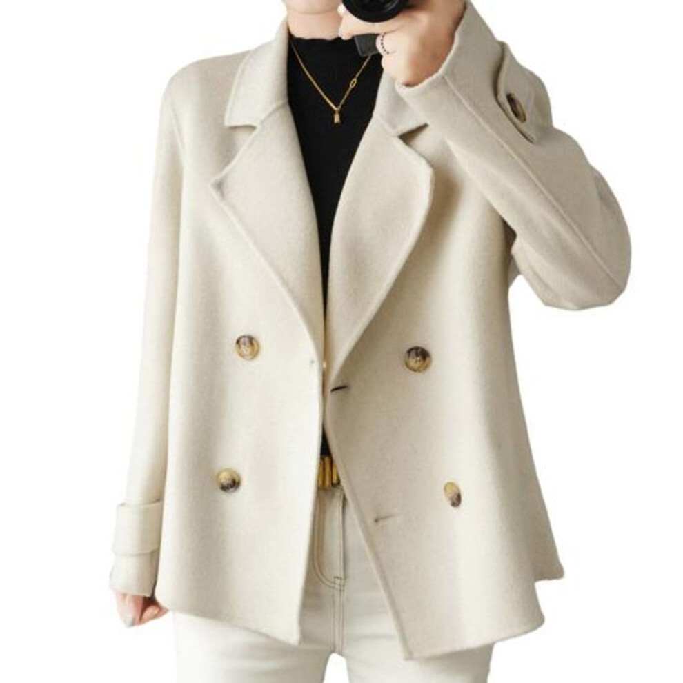 (white, S) Women Fall Winter Coat Thick Loose Solid Color Double-breasted Buttons Lapel Notch Collar Long Sleeve Cold Resistant Lady Trench Coat