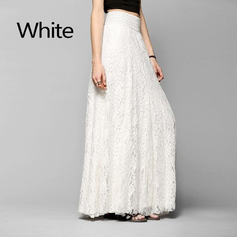 (white, S) Women Dress Maxi Long Lace Full Boho Skirt Pleated Beach Tulle Elegant S-XL