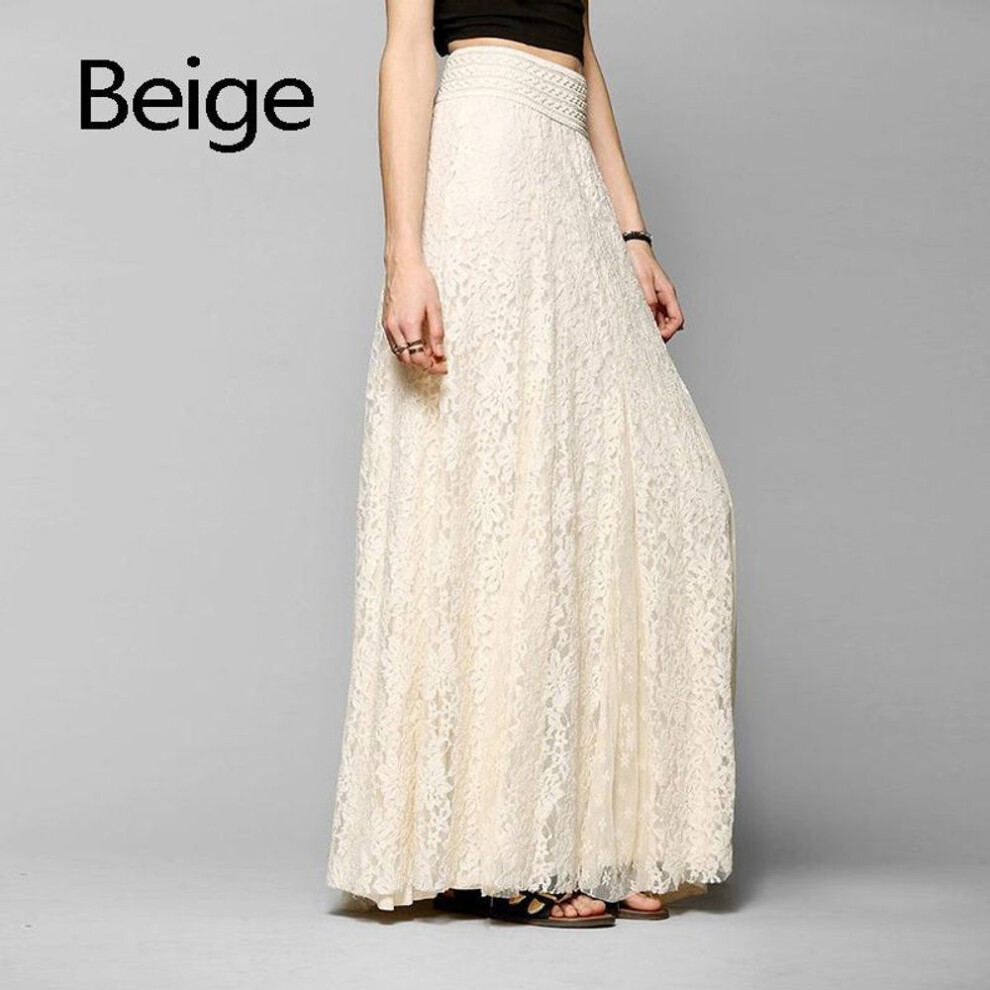 (beige, L) Women Dress Maxi Long Lace Full Boho Skirt Pleated Beach Tulle Elegant S-XL