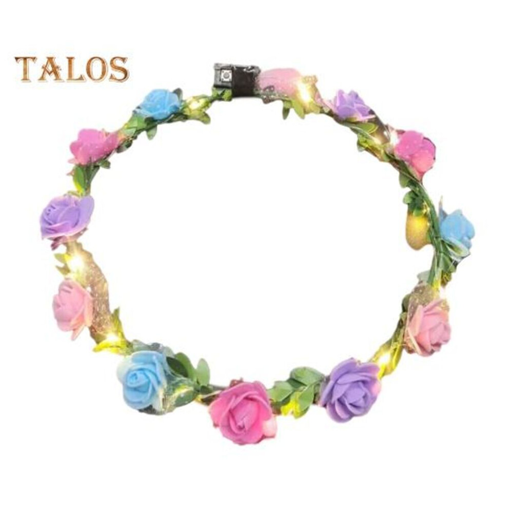 (multicolor) Romantic Glowing Wreath LED Light Rose Flowers Hairband Headpiece Wedding Party Girl Birthday Favor Luminous Hair Garland