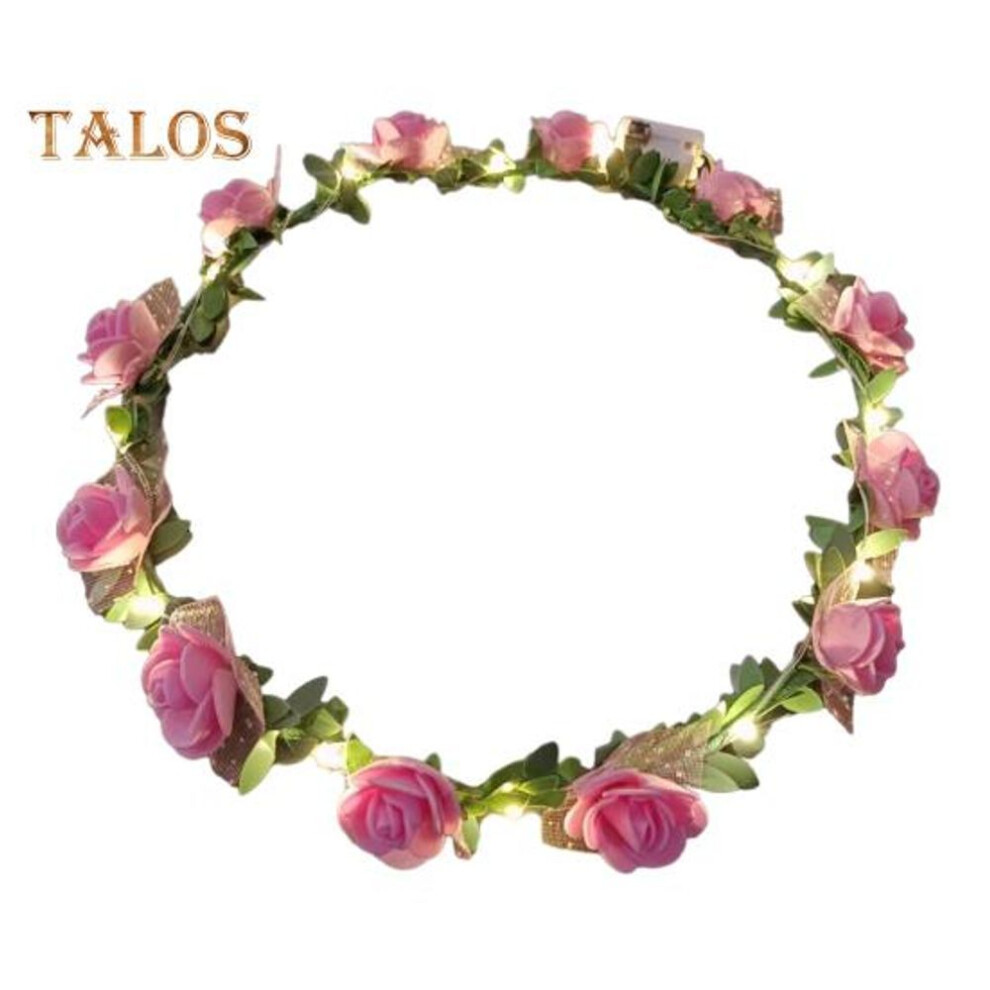 (pink) Romantic Glowing Wreath LED Light Rose Flowers Hairband Headpiece Wedding Party Girl Birthday Favor Luminous Hair Garland