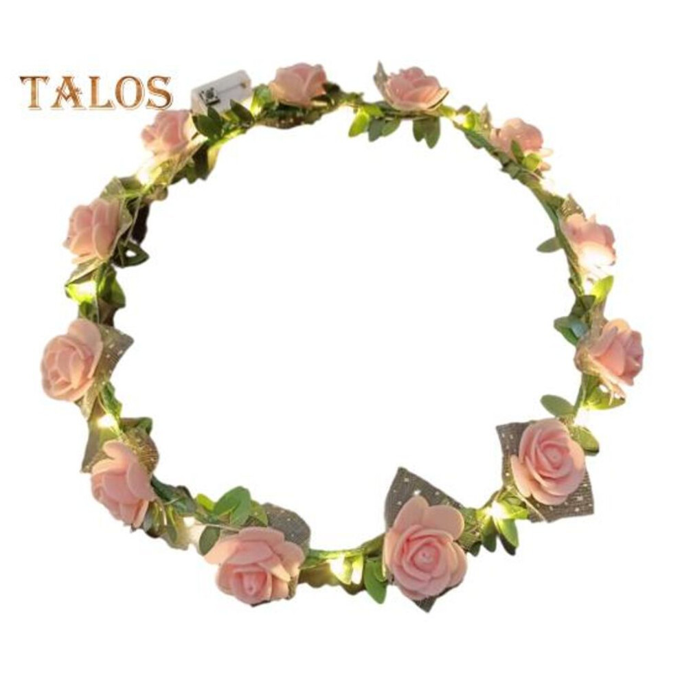 (light pink) Romantic Glowing Wreath LED Light Rose Flowers Hairband Headpiece Wedding Party Girl Birthday Favor Luminous Hair Garland
