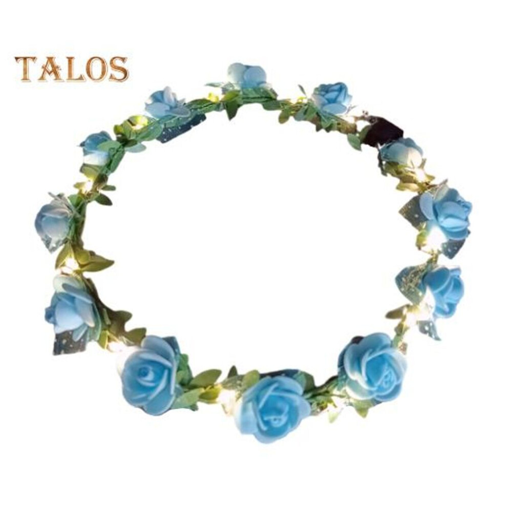 (blue) Romantic Glowing Wreath LED Light Rose Flowers Hairband Headpiece Wedding Party Girl Birthday Favor Luminous Hair Garland