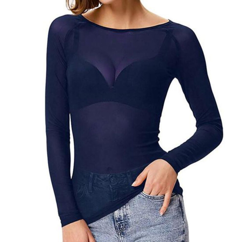 (dark blue, L) See-through Mesh Bottoming Tops Women O-neck Long Sleeve Slim Fit Shirt Sexy Clear Sun