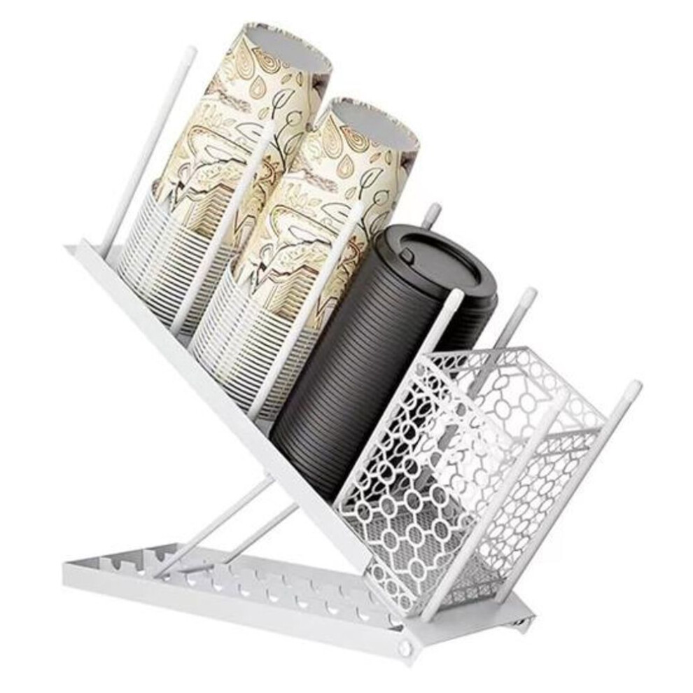 (white) Coffee Cup Holder Lid Organizer With Straw Holder 4 Compartment Coffee Cup Dispenser Adjustable Coffee