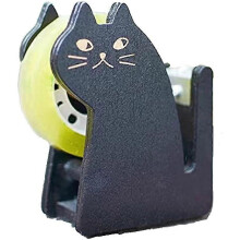 (As show, One size) Cute Cat Tape Dispenser, Vintage Wooden Tape Cutter(Tape Not Included, Black)