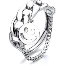 (As show, One size) Smiley Face Chain Band Adjustable Statement Chunky Rings for Women Girls Fashion Dainty Sterling
