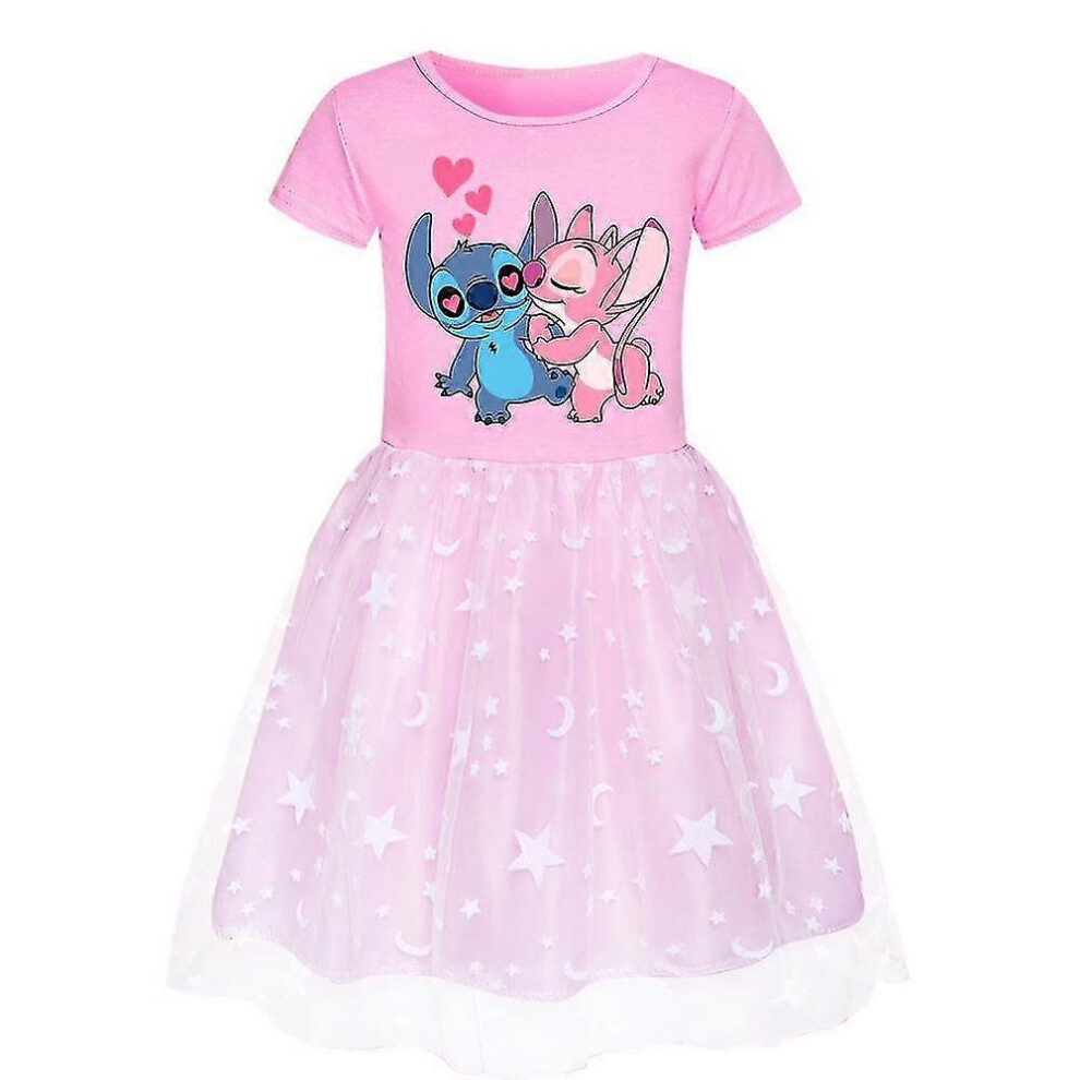(5-6 Years, Pink) Kids Girls Lilo & Stitch Cartoon Print Dress Tulle Skirt Birthday Party Cosplay Fancy Dress