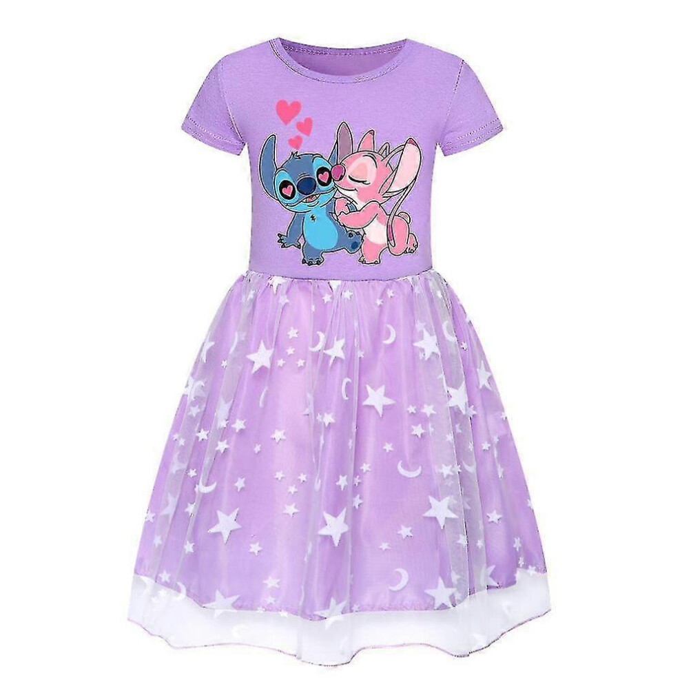 (5-6 Years, Purple) Kids Girls Lilo & Stitch Cartoon Print Dress Tulle Skirt Birthday Party Cosplay Fancy Dress