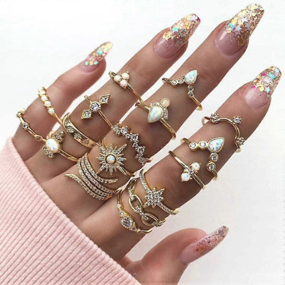 Konhill (Gold1, One Size) Boho Knuckle Rings Set Joint Knuckle Rings Crystal Midi Size Stackable Finger Rings Hand Accessories For Women And Girls 17Pcs Gold