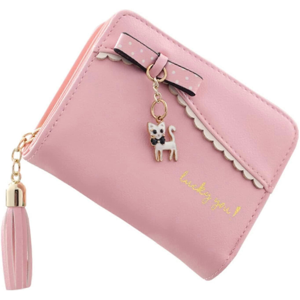 Konhill (As Show, One Size) Wallet For Girls, Pu Leather Bifold Short Wallet Tassels Cute Cat Women Wallet Ladies Purse With Coin Pocket (Pink) Pink