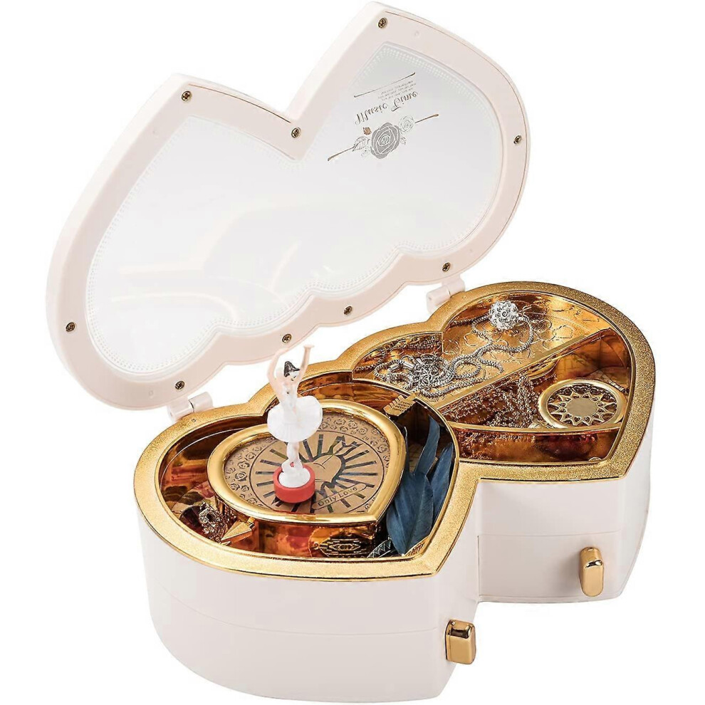 Konhill (As Show, One Size) Double Heart Musical Jewelry Box, Musical Jewelry Storage Box With Dancing Girl, Arrow Design Christmas Gift (White - Double Heart