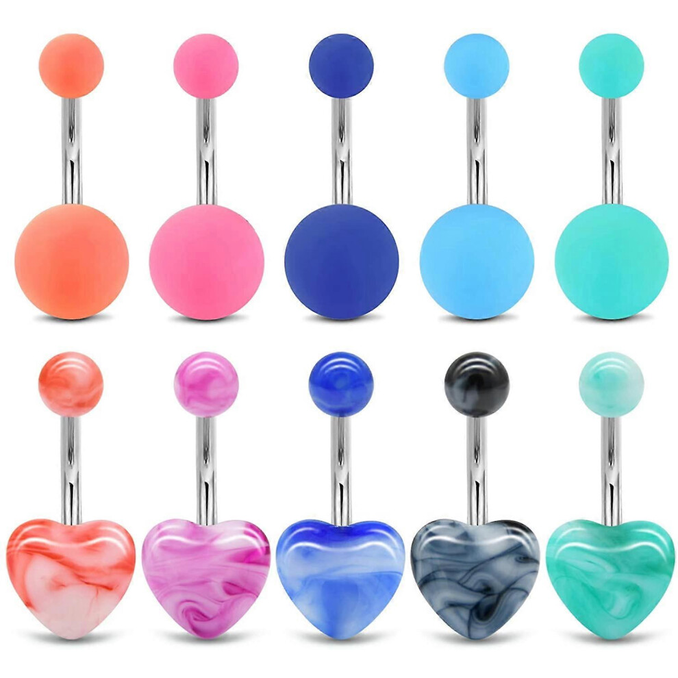Konhill (10Pcs -Heart And Rubber Ball, One Size) Belly Button Rings 14G Surgical Steel Handcuffs Cz Dangle Navel Piercing Body Jewelry