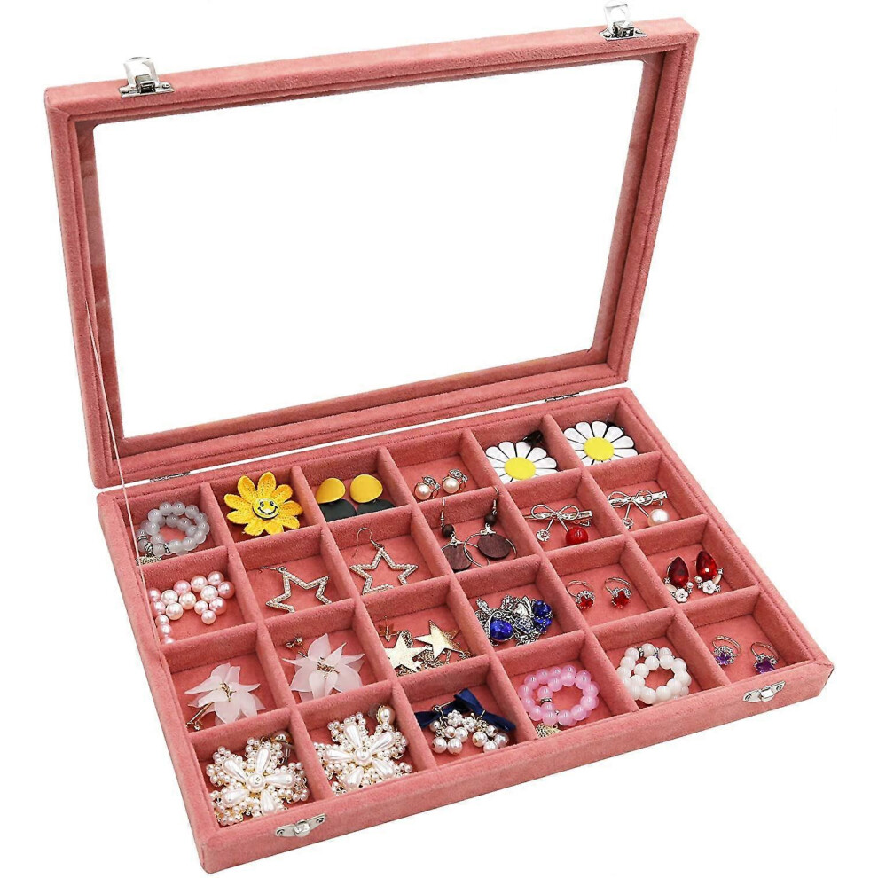 Konhill (As Show, One Size) Wuligirl Velvet Clear Lid Jewelry Organizer Box Stackable Jewelry Storage Display Tray Holder Showcase (24 Grid)
