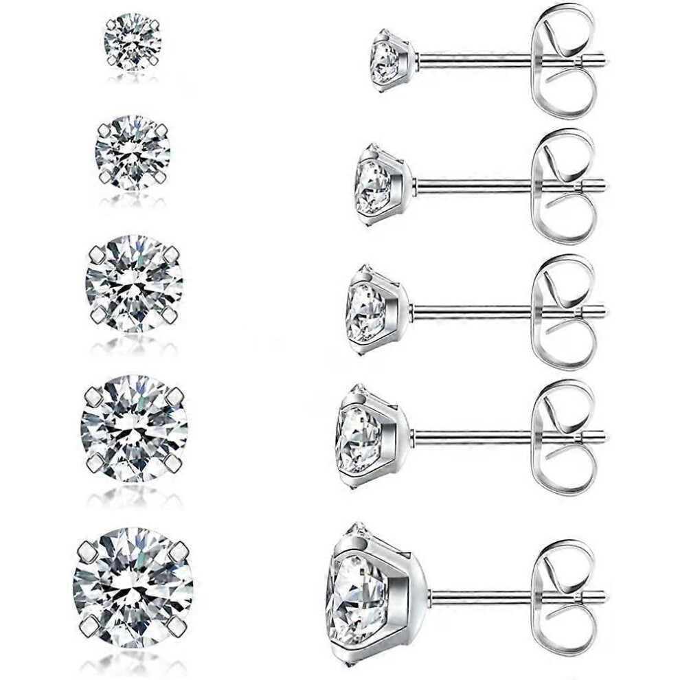 Konhill (C One Size) 5 Pairs Stud Earrings Set, Hypoallergenic Cubic Zirconia 316L Earrings Stainless Steel Cz Earrings 3-8Mm, Rose Gold