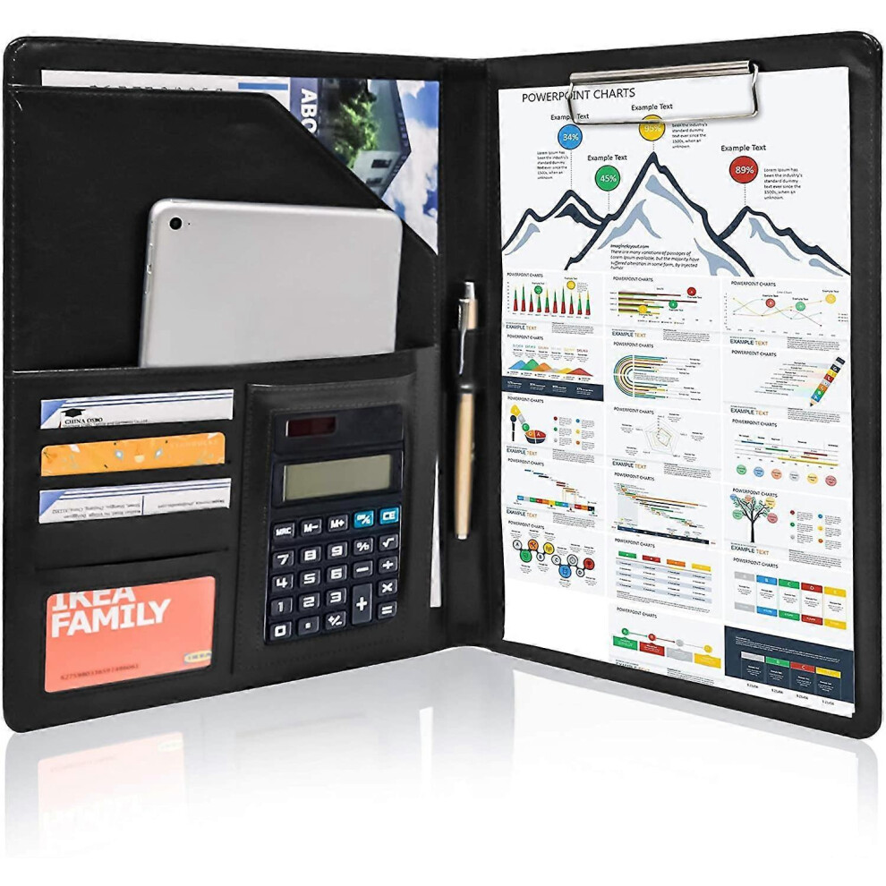 (Black, One size) Business Portfolio Padfolio PU Leather Folder Interview Resume Legal Document Organizer with A4 Size Clipboard Black-image-OPC-PG85ZKS-NEW