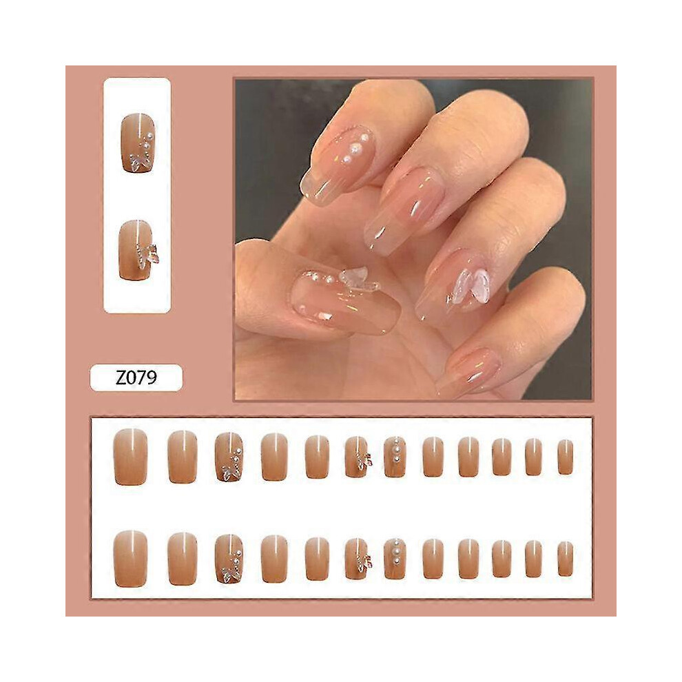 Konhill (As Show, One Size) 24Pcs Bow Nail Patch Glue Type Removable Short Paragraph Fashion Manicure False Save Time Nails