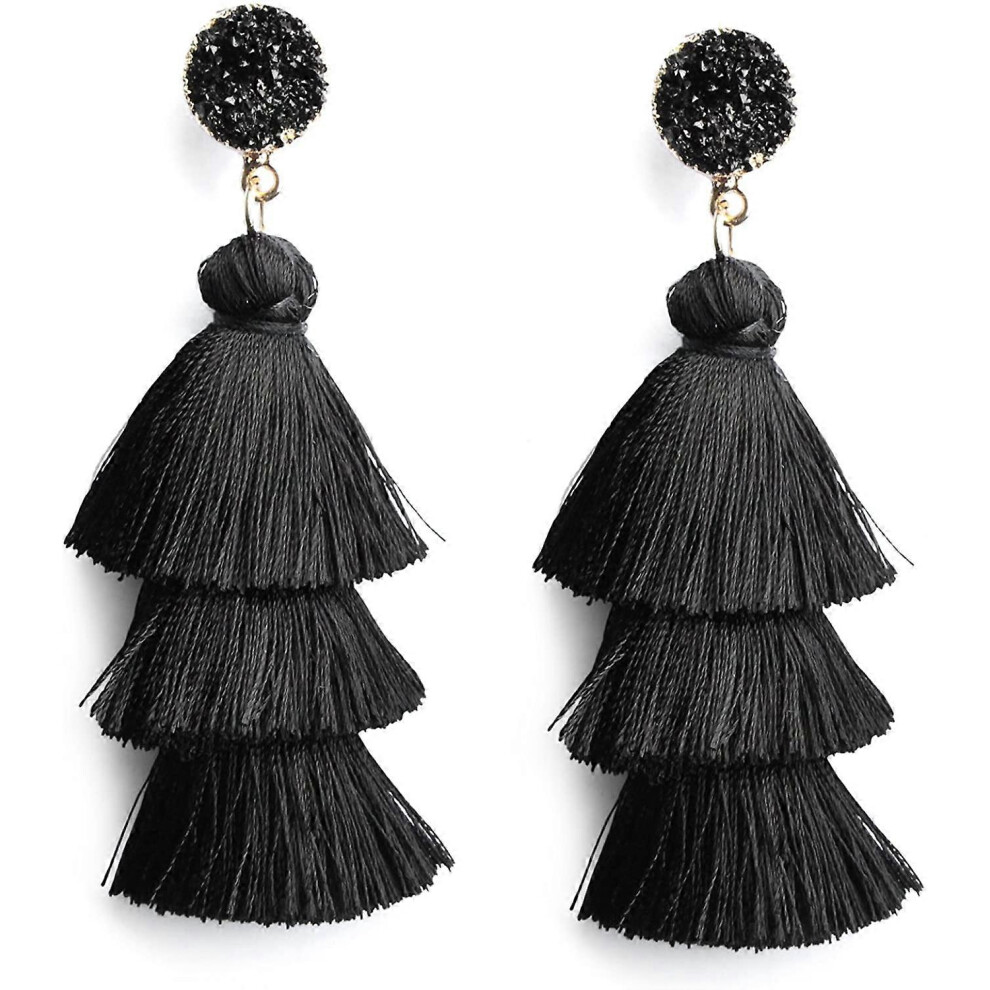 Konhill (Green, One Size) Colorful Layered Tassel Earrings Bohemian Tiered Tassel Druzy Stud Dangle Drop Earrings For Women Teen Girls Birthday Christmas Frie Green,Black